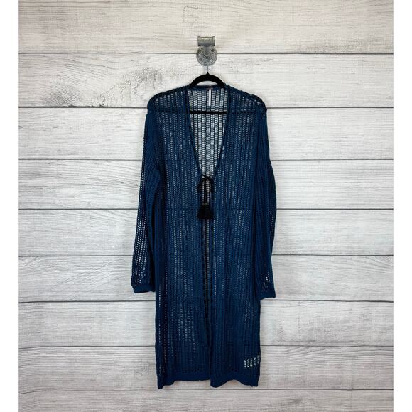 Free People Women's Blue Lattice Open Knit Tie Front Boho Cardigan Size Medium - Picture 2 of 12